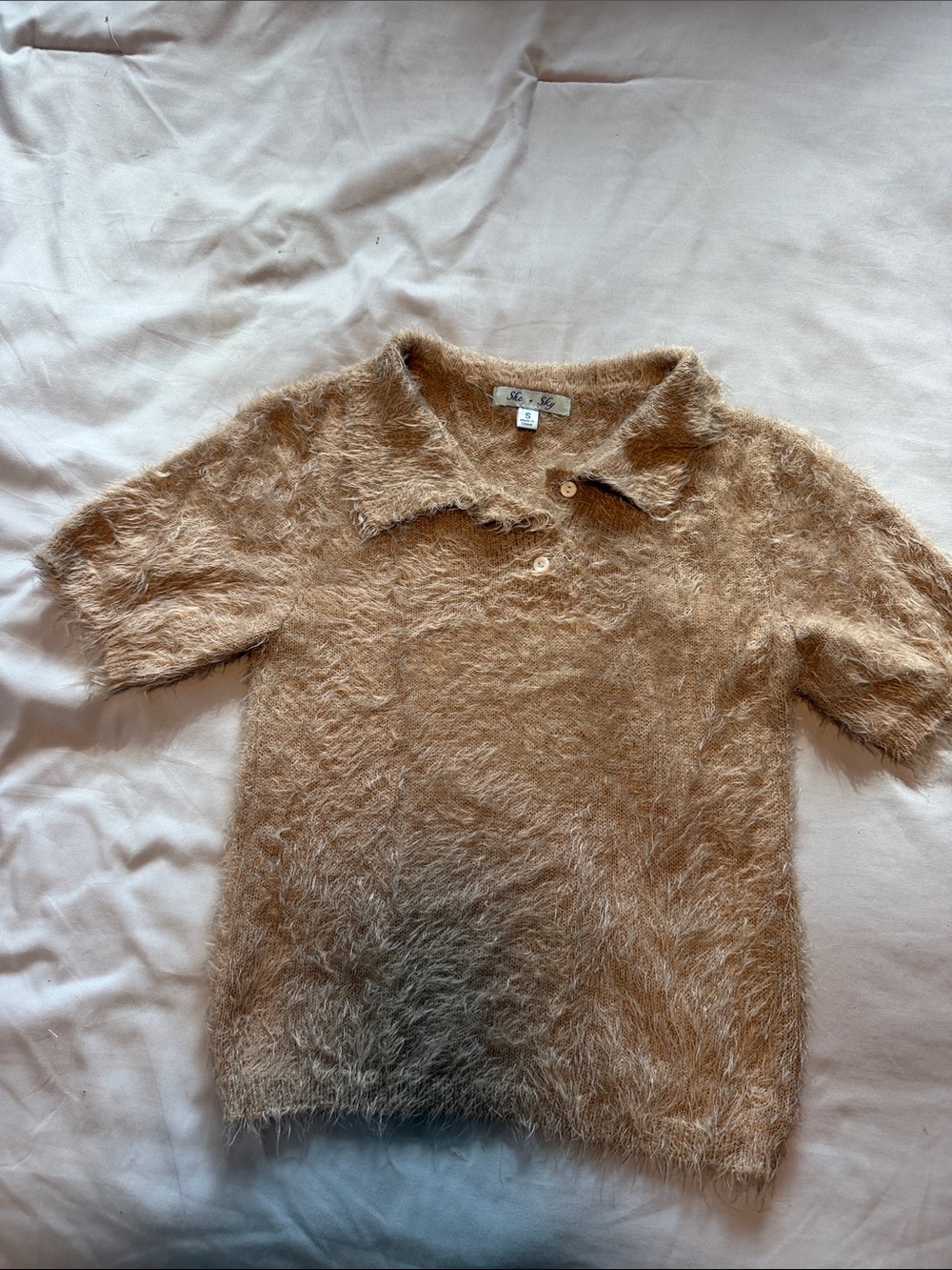She + Sky Fuzzy Polo Top in Tan